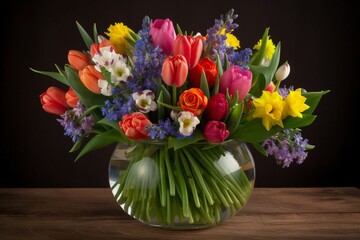 Colorful spring flowers in an attractive vase capture the essence of nature. Generative AI