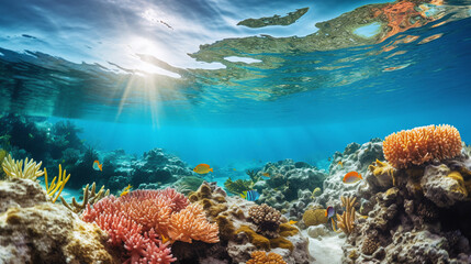 Underwater coral reef with fish and colorful corals