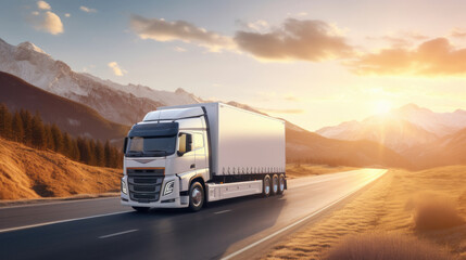 Obraz premium White truck driving on the highway winding through forested landscape in autumn colors at sunset