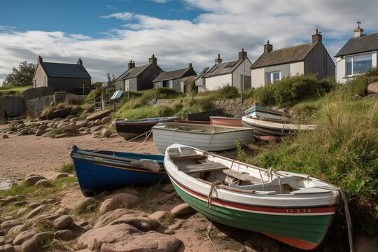 Rocky bay, fishing village, Northumberland, UK, boats, cottages. Generative AI