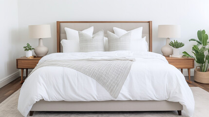 White bed with pillows and comforter