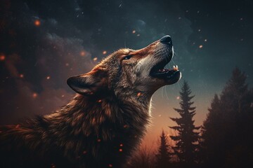 An image depicting a majestic wolf raising its head and emitting a melodious howl towards the night sky. Generative AI