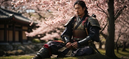 Naklejka premium lone samurai sitting beneath a cherry blossom tree