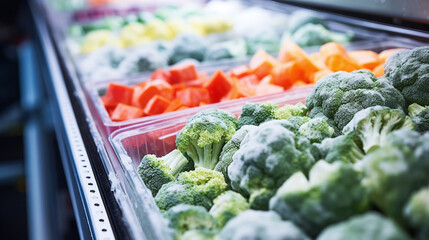 Frozen vegetables in supermarket refrigerator