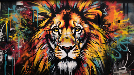 Urban street art lion graffiti painting - obrazy, fototapety, plakaty