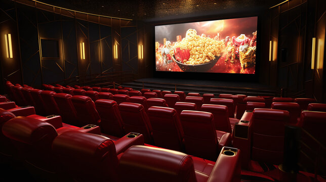 Movie theater with seats and popcorn
