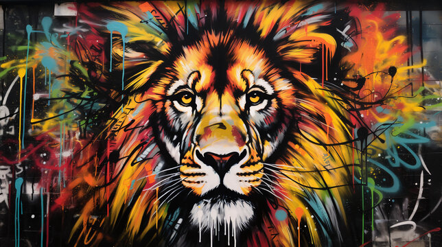 Urban street art lion graffiti painting