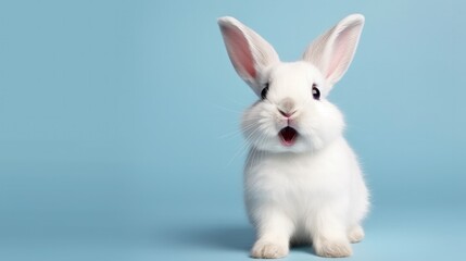 Obraz premium cute animal pet rabbit or bunny white color smiling and laughing isolated with copy space for easter background, rabbit, animal, pet, cute, fur, ear, mammal, background, celebration, generate by AI