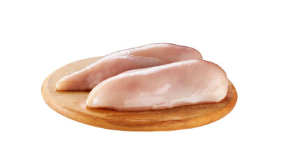 raw skinless chicken breast fillets on a cutting board isolated on white background.