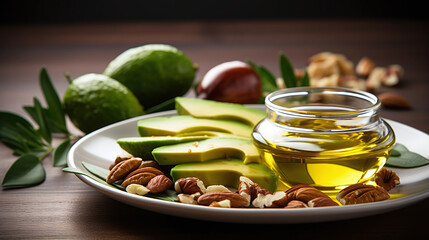 Avocado nuts and olive oil plate for healthy eating