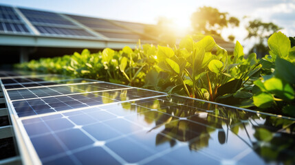 Green rooftop solar panels reducing carbon emissions