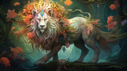 Fantasy artwork of mythical creatures with lion and flowers