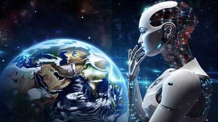 Fototapeta premium Robot contemplating ai's impact on the world