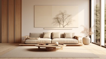 Fototapeta na wymiar interior design of modern living room with beige fabric sofa and cushions. White wall with frame and space for text, living, furniture