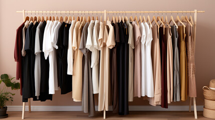 Minimalistic fashion choices neatly arranged on clothing rack