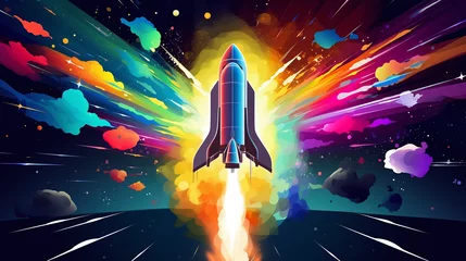 Zelfklevend Fotobehang Space tourism rocket launch colorful illustration © Kiss