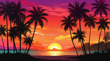 Fototapeta na wymiar Palm trees beach sunset scene illustration