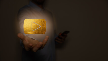 Gold play button icon. Youtube icon.