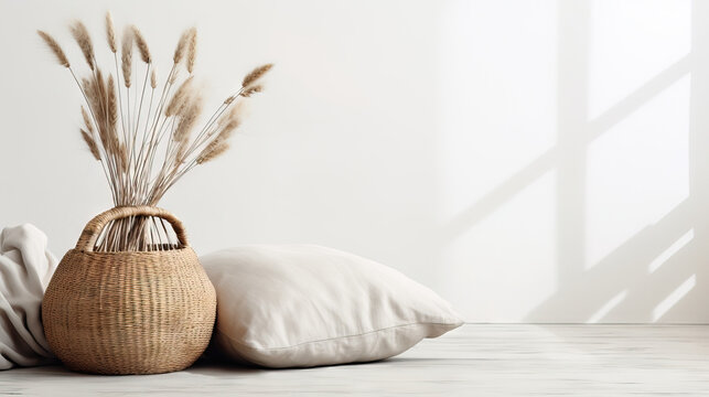 frame photo interior mockup in boho style, small indoor plant, white bedroom, Generative AI
