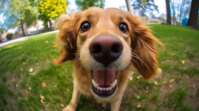 Fisheye lens image of a happy brown dog in a green field