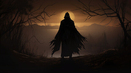 Mysterious figure in dark cloak standing in forest at sunset