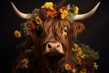 brown highland cow adorned with flowers. Generative AI