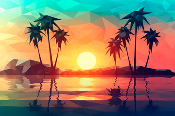 Fototapeta na wymiar Polygonal beach drawing in sunset colors
