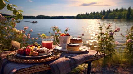 n image of a serene lakeside picnic with fruit tarts and lemonade