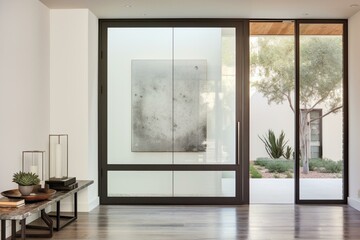 Contemporary entryway with clear glass panel in a sleek door frame against a white backdrop. Generative AI
