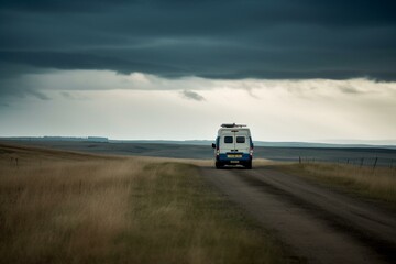 a lone ambulance seen from the back. Generative AI