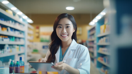 Portrait of smiling cute asian doctor woman working in drugstore with digital tablet ,generative ai