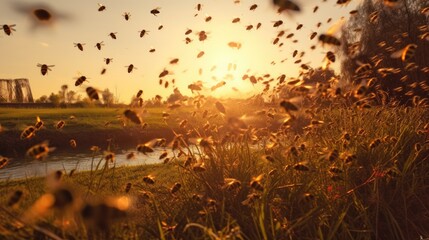 A swarm of bees flying around in the air at sunset