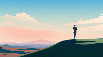 Man on hilltop with view of landscape illustration