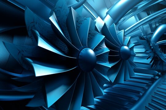 Abstract-industrial background with blue tones and 3D rendering of turbine blades. Generative AI