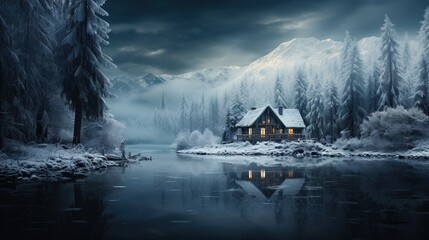  a cabin on a lake surrounded by snow covered trees and mountains.  generative ai