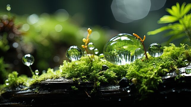  a close up of water bubbles on a mossy surface.  generative ai