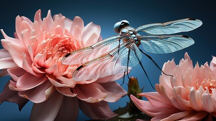  a blue dragonfly sitting on top of a pink flower.  generative ai