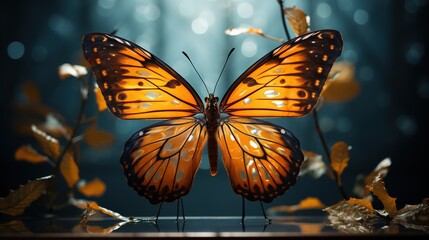  a close up of a butterfly on a table with leaves.  generative ai