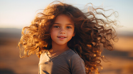 photograph of Sweet little outdoor girl with curly hair in the wind telephoto lens daylight white ,generative ai