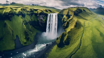 Skogafoss waterfall panorama in southern Iceland from above - obrazy, fototapety, plakaty