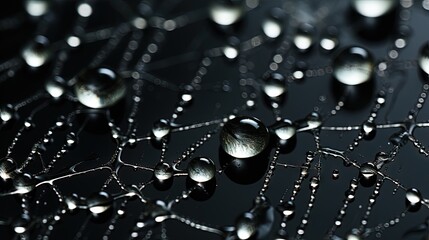  drops of water on a black surface with a black background.  generative ai