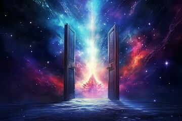 Artwork of door in dark room leading to colorful galaxy in fantasy world with bright stars. Generative AI