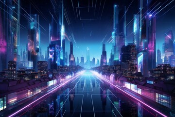 Futuristic urban landscape with vibrant neon lights captured from above. Generative AI