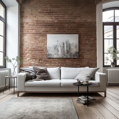 Sleek sofa situated in a Scandinavian-inspired living area adorned with a brick wall - obrazy, fototapety, plakaty