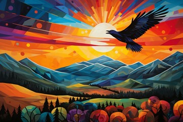 Colorful geometric landscape with mountains and flying crows in expressionism style. Generative AI