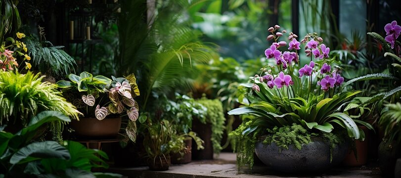 Interior home garden full of beautiful lush plants, tropical indoor plants, orchid, green grass, air plant in different design pots, with empty copy space.