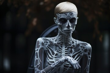 Close up of a beautiful zombie bride on blurred street, Halloween sugar skull party and costume idea, with copy space.