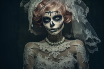 Close up of a beautiful zombie bride on blurred street, Halloween sugar skull party and costume idea, with copy space.