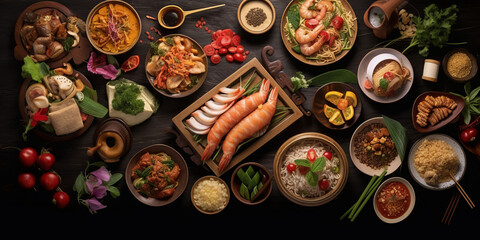 Obraz na płótnie Canvas Traditional Thai food on dark background. Oriental food concept. Top view, flat lay, panorama ,generative ai