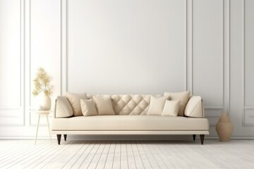 3D rendering of a living room with a sofa, beige pillows on an empty white wall background. Generative AI